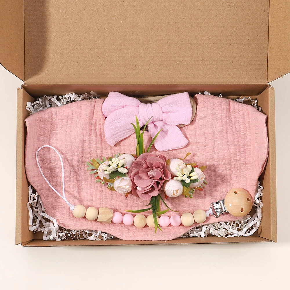 4Pcs/Set Flower Print Baby Bib Headband Elastic Nylon Hair Band Food Grade Silicone Beads Pacifier Clip Chain Gift Box for Baby