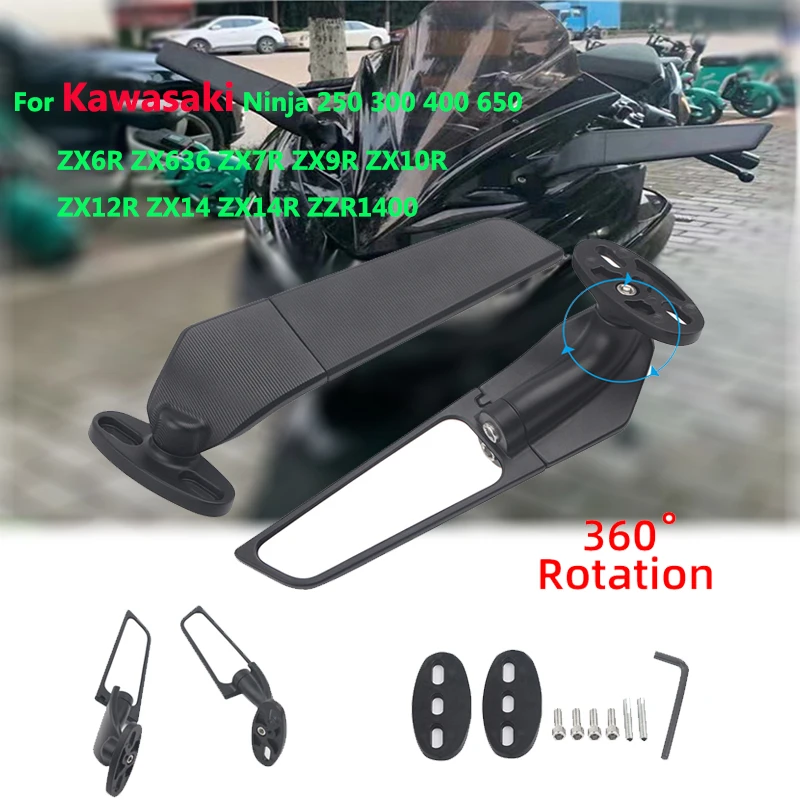 Rearview Mirror For Kawasaki Ninja 250 300 400 650 ZX6R ZX636 ZX7R ZX9R ZX10R ZX12R ZX14 ZX14R ZZR1400 Side Mirrors Espejo Moto