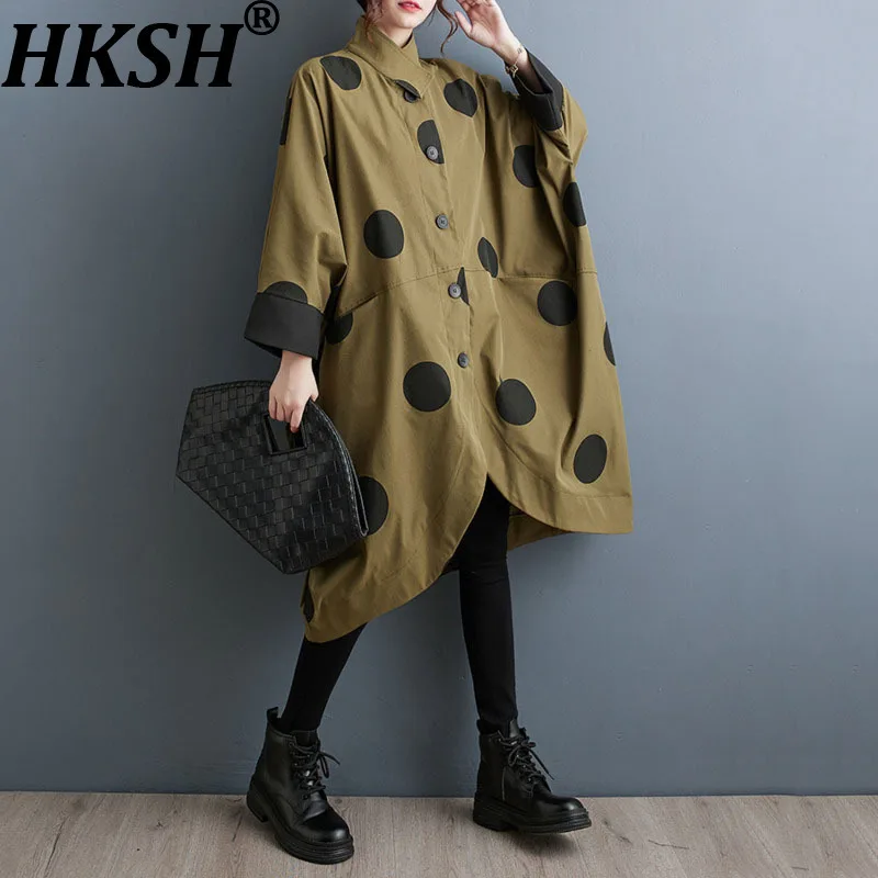 

HKSH весенне-осенний новый женский плащ с воротником-стойкой и принтом в горошек, однобортный элегантный пиджак большого размера HK13770