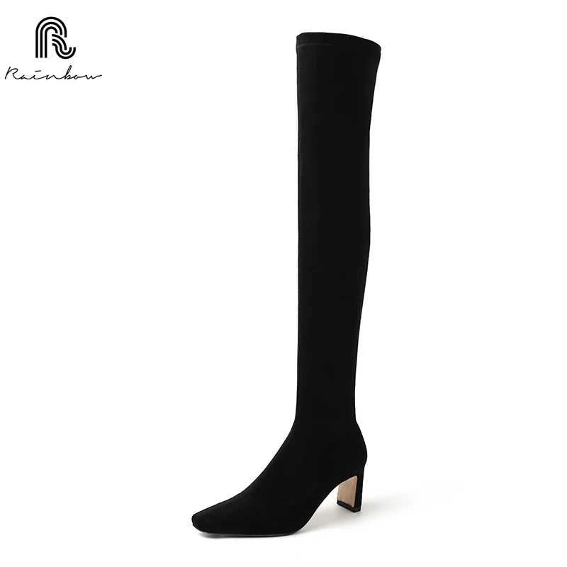 

RAINBOW Over the Knee Sexy Pointed Sock Boots shoe Fashion comfortable long New women's shoes Thin Heel Elastic Skinny 34-42