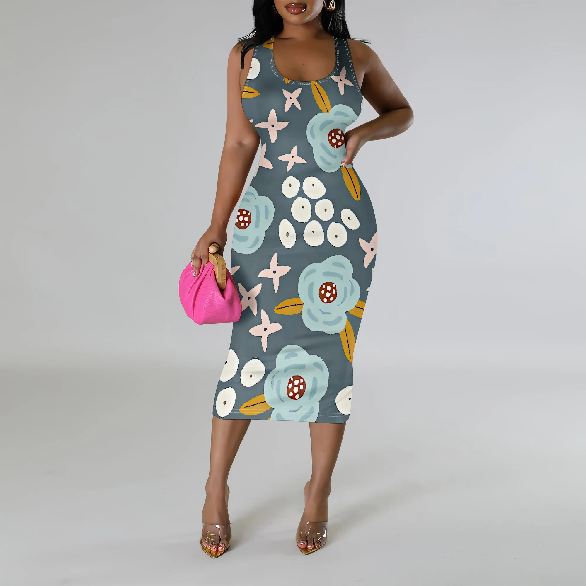 Abito longuette aderente estivo Abito senza maniche con stampa floreale per donna Abito da spiaggia casual