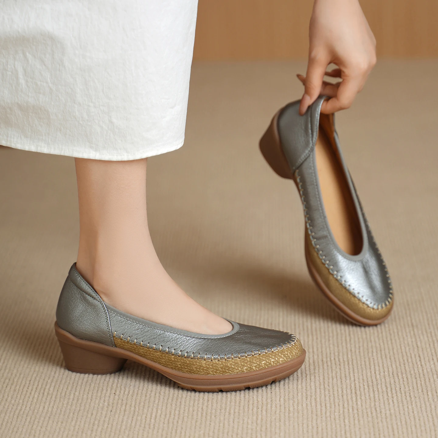 2026 new spring autumn women pumps natural leather 22-25cm sheepskin+fabric+pigskin+cowhide mixed color women shoes fashion