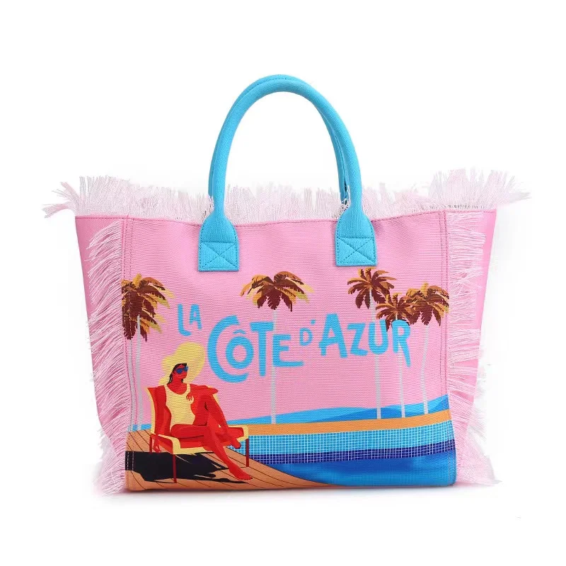 

Women Denim Handbags Large Capacity Fashion Desinger Tassel Pink Tote Bag High Quality Travel Bag Beach Vacation Summer 2023 New