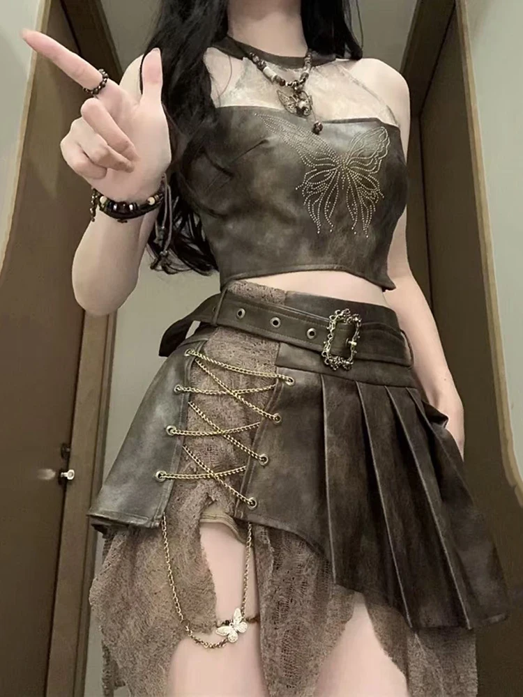 Gothic Irregular Patchwork Skirts Suit Women Y2K Japanese Street Sleeveless Halter Neck Tops Set Sweet Lolita Punk 2 Piece Set