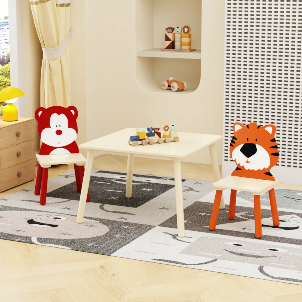 

Kids Table and 2 Chairs Set, 3 Pieces Toddler Table and Chair Set, Wooden Activity Play Table Set (Bear&Tiger)