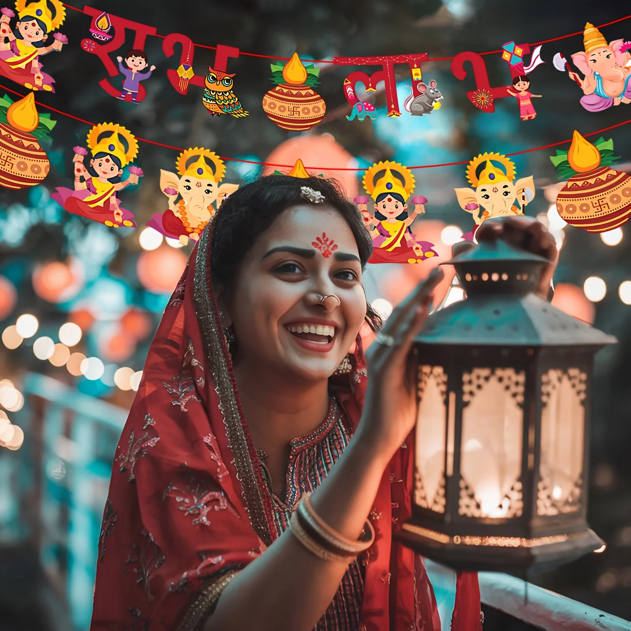 Happy Diwali Hanging Banner Deepavali Rangoli Themed Hanging Pennants Wall Sign Indian Festival of Lights Paper Cards Banner for