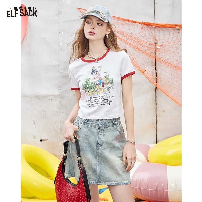 ELFSACK 2024 Summer New Arrivals Brushed silver hole high waist A-line skirt, women's versatile denim short skirt