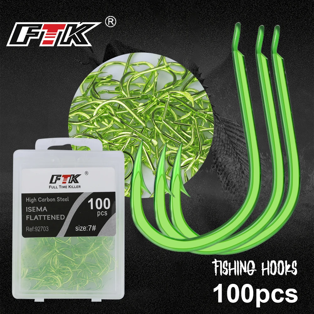 

FTK 100Pcs 200Pcs Flat Fishing Hook Green Barbed Hook Long Handle Small Fish Hook High Carbon Steel Carp Hook Fishing Trackle