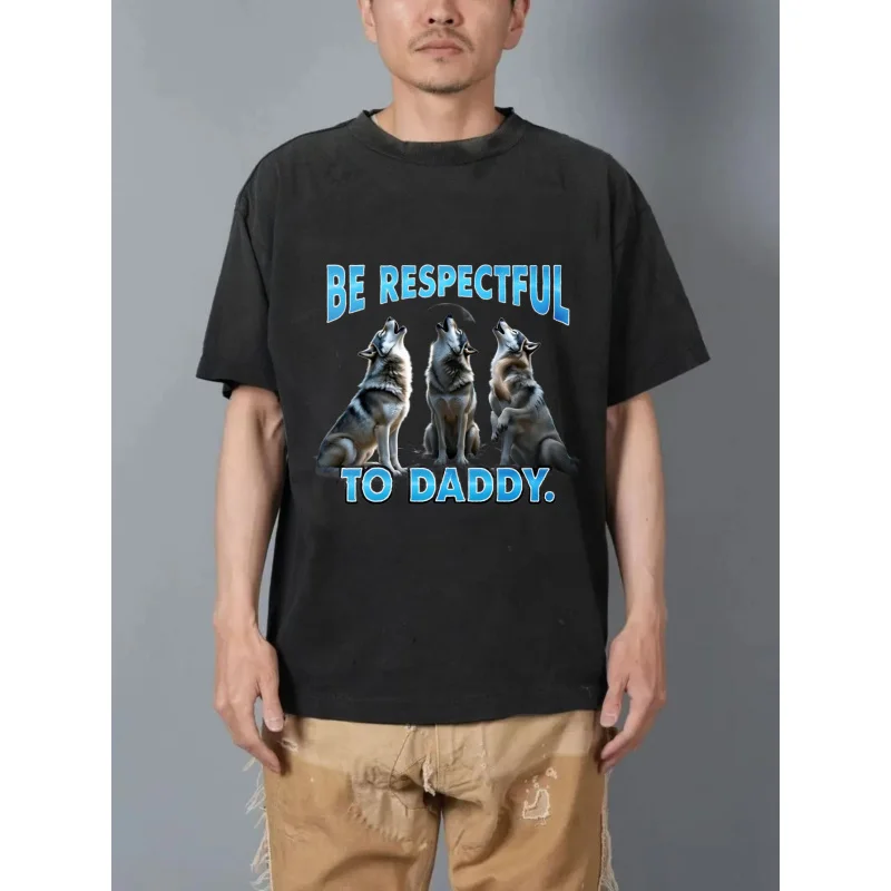 تي شيرت رجالي مغسول ذئاب سوداء عواء يكون احترامًا إلى الأب نمط مطبوع ونص جودة عالية 100% قطن 230 جرام #1