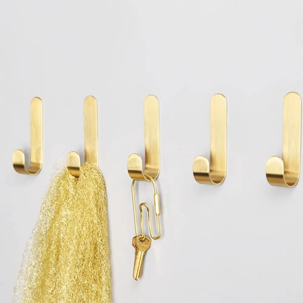 Punch-free Brass Wall Hook Gold J Shaped Key Holder Clothes Hook for Kitchen Bathroom