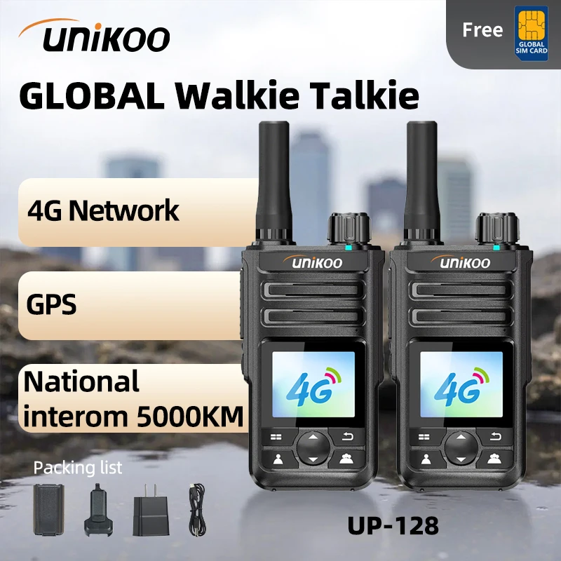 

UNIKOO UP128 Walkie Talkie 2 PCS 4G Sim Card Network Radio Long Range 100 Miles Global-PTT Type-C POC Walkie Talkie
