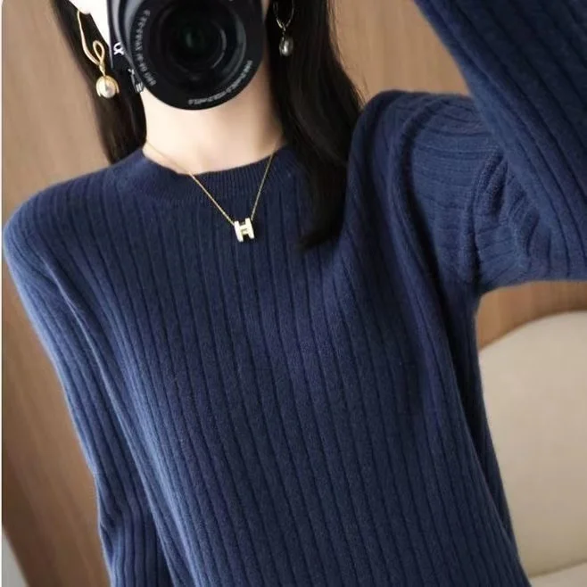 Loose Women's V-neck Sweater Pure Color Knitted Top Autumn Fashion Casual Style Long Sleeve Crew Neck Pullover Sweatshirt