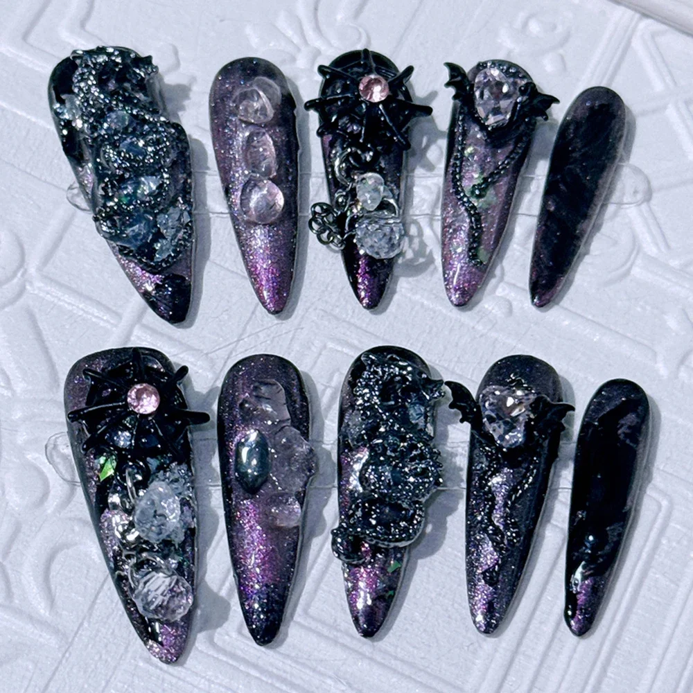 10Pcs Gothic Long Pointed Shape Pure Handmade Press On Nails Y2K Metal Chain Butterfly Knot Full Cover Fake Nails Gift Sticker