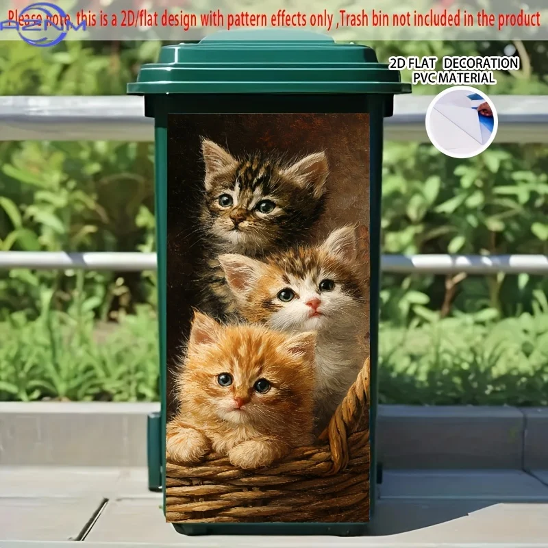 1pc 2D/FLAT, Self - Adhesive Dustbin Stickers, .01xcm, Oil Painting - Style Kittens in Basket Pattern, Creative Dustbin Sticke