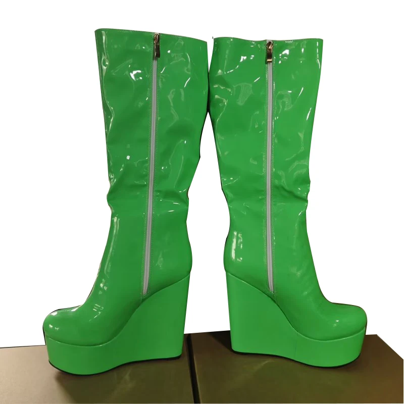 

DIZHUANG Sexy women's high-heeled boots. Knee high women's boots. About 15cm heel height. Green painted leather boots. 34-46
