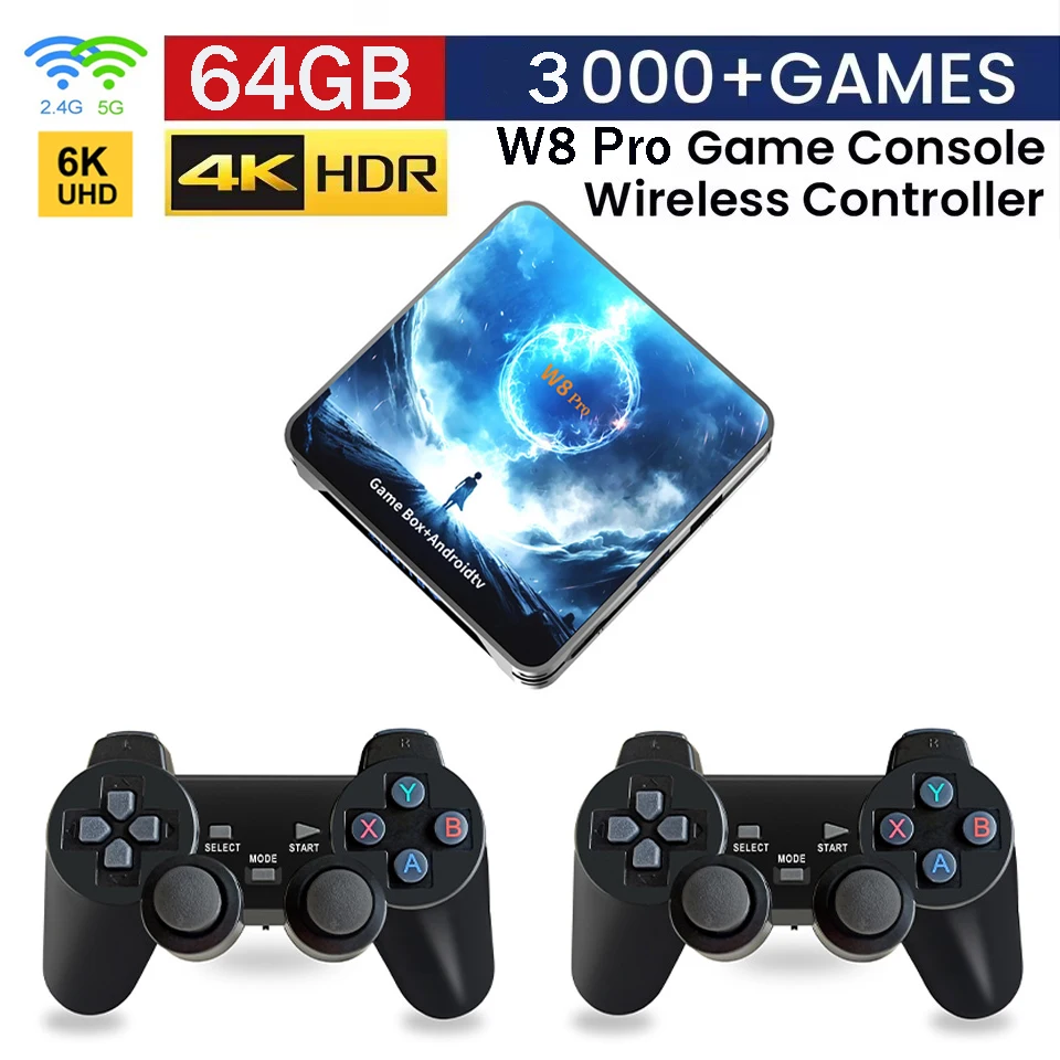 W8 프로 게임 박스 6K HD 비디오 게임 콘솔 N64 \ GBA WiFi 4G 5G 3000 레트로 게임용 2.4G 이중 무선 컨트롤러 게임 스틱