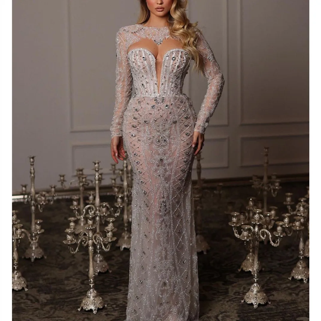 Luxury Mermaid Evening Dresses Long Sleeves V Neck Halter Sequins Beaded Appliques Hollow Lace Diamonds Prom Dresses Custom Made