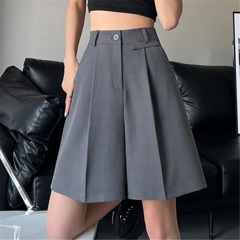 2024 New Summer Women\'s Suit Half Pants Elegant Wide Leg High Waist Solid Pockets Minimalism Loose Short Trousers Female