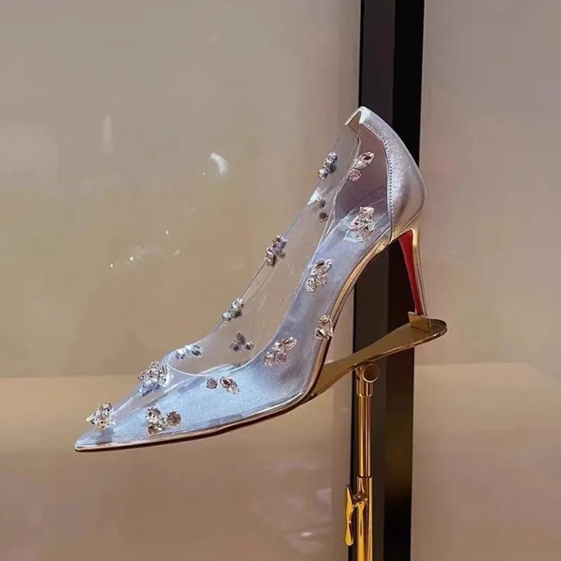 

Silver Transparent Rhinestone High Heels Women 2024 Summer Banquet Red Bottom Fine Heel Crystal Wedding Shoes Tacones Mujer