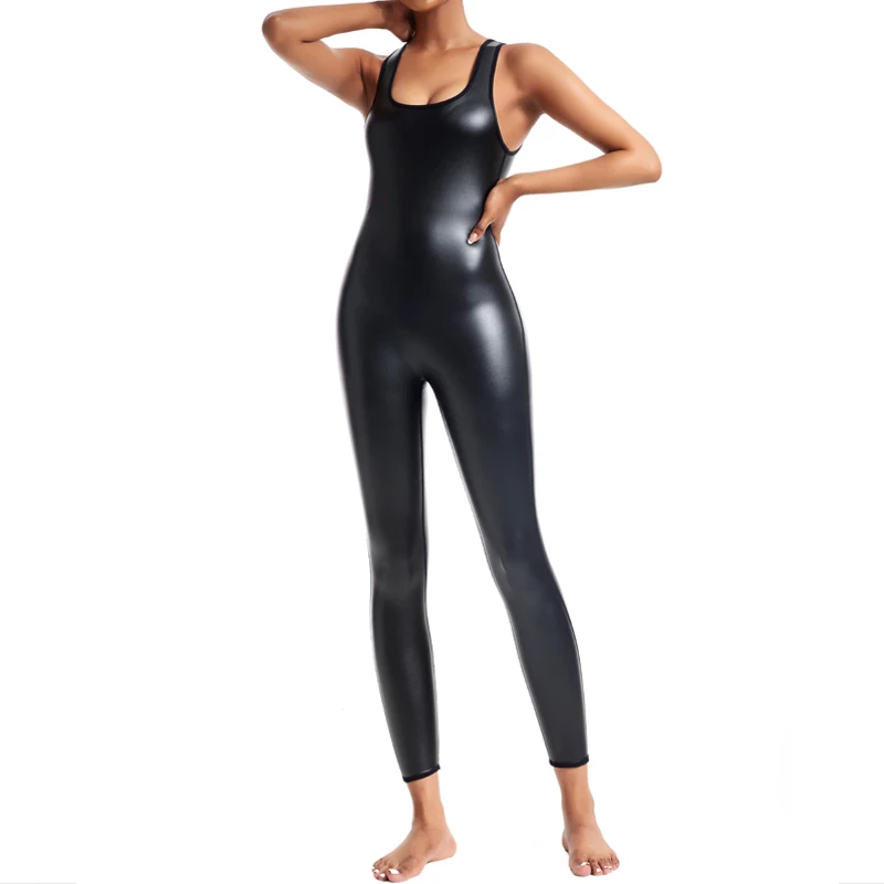 Women one-piece Body Shaper Leather Jumpsuits sleeveless Bodysuits high-elasticity Corsets Tight leggings sexy Leather Shapewear view 2