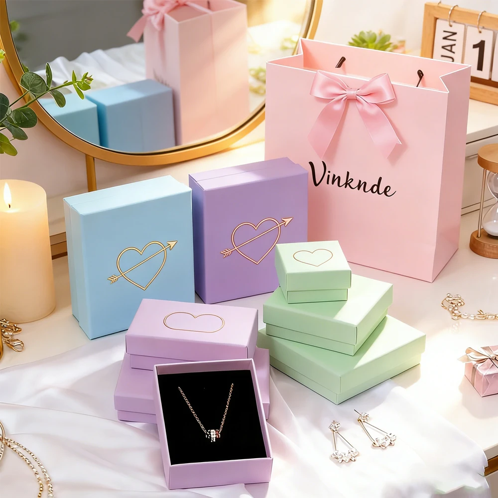 

24Pcs Custom Logo Pink Jewelry Box 7x7x3cm Necklace Ring Earring Gift Storage Boxes Wedding Favors Jewellery Packaging Organizer