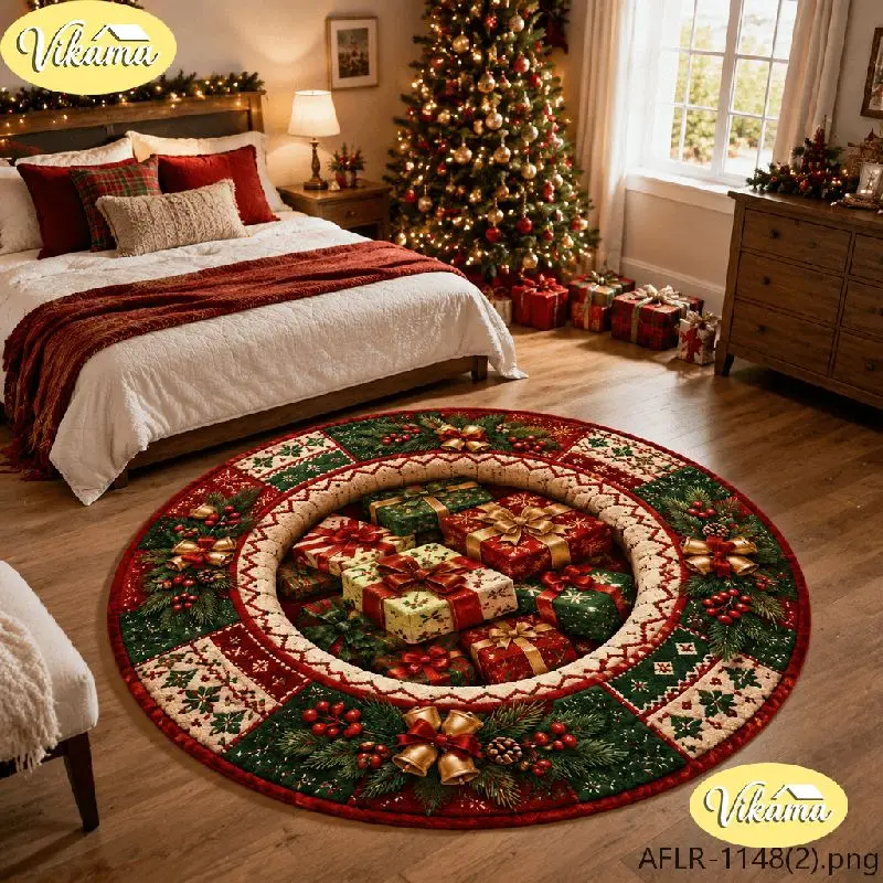 VIKAMA Christmas Round Rug Gift Boxes Holly Bell Snowflake Area Rug Living Room Holiday Home Decor Aesthetic Art Large Premium