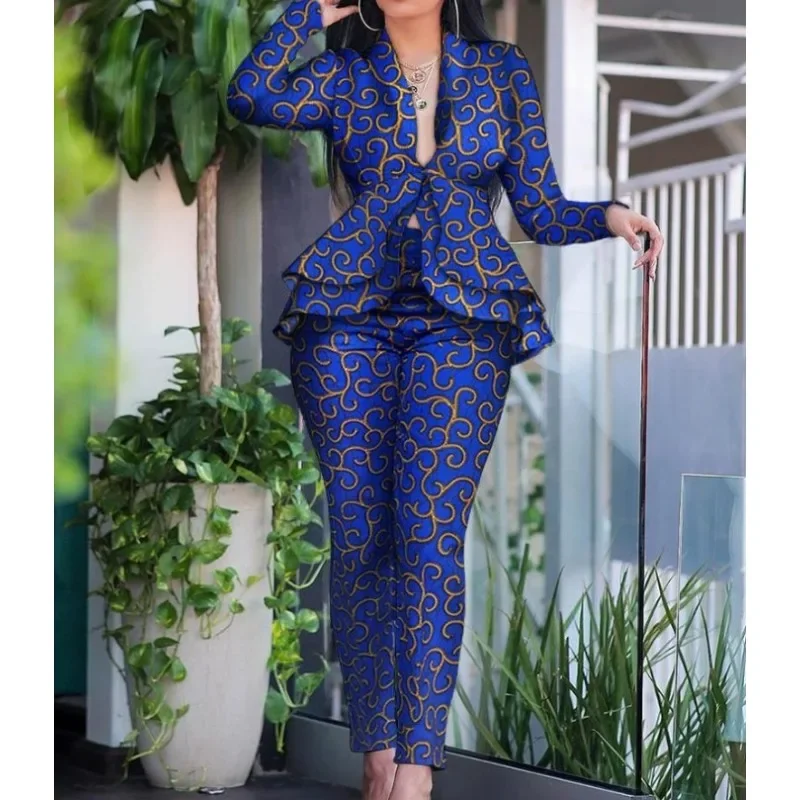 2024 Spring New Slim Fit Printed Two-Piece Suit Suit Women\'s Long Sleeve Ruffles Blazer High Waist Pencil Pants Trousers Suit