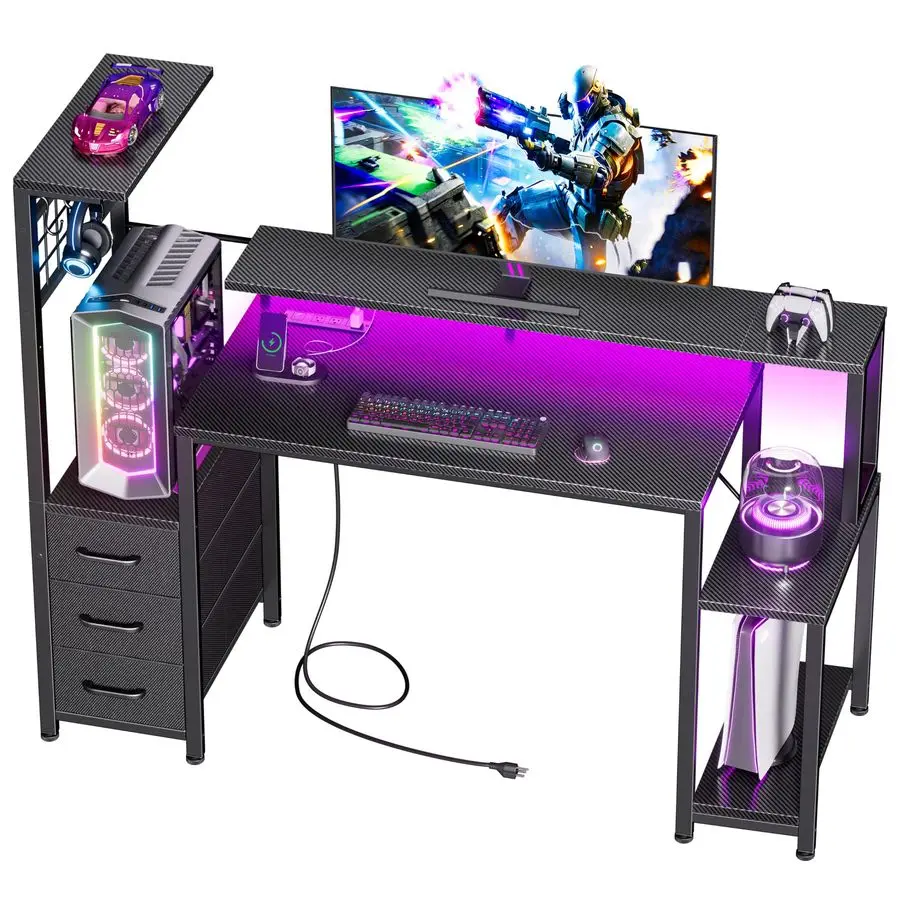 

48 Inch Gaming Desk with LED Lights Power Outlets,Computer Desk with Fabric Drawers Side Hook,Reversible Gamer Table