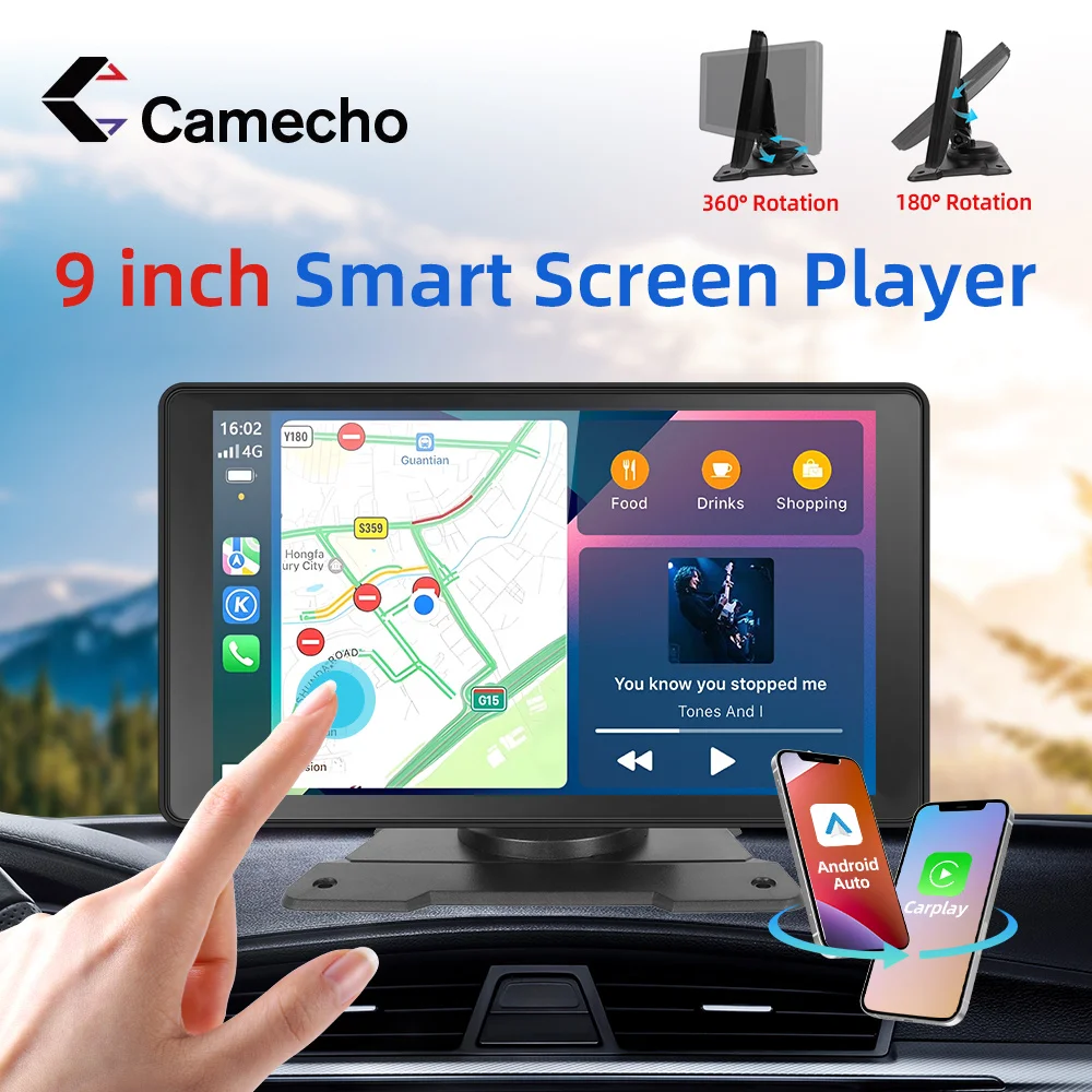 

Camecho 9 "беспроводной Carplay Android авто сенсорный экран автомобильный монитор Apple Aiplay Bluetooth экран Проекционный мультимедийный плеер