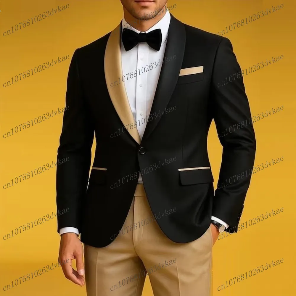 

New Black And Beige Men Suit Groom Groomsman Wedding Party Prom Formal Occasion Business Tuxedos 2 Piece Set Blazer Pants