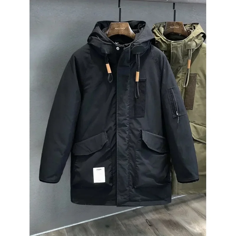 Military Green Cargo Down Jacket Medium Long Winter Thickened Thermal Coat Outdoor Warm Ski Parkas Camp Trekking Storm Suit