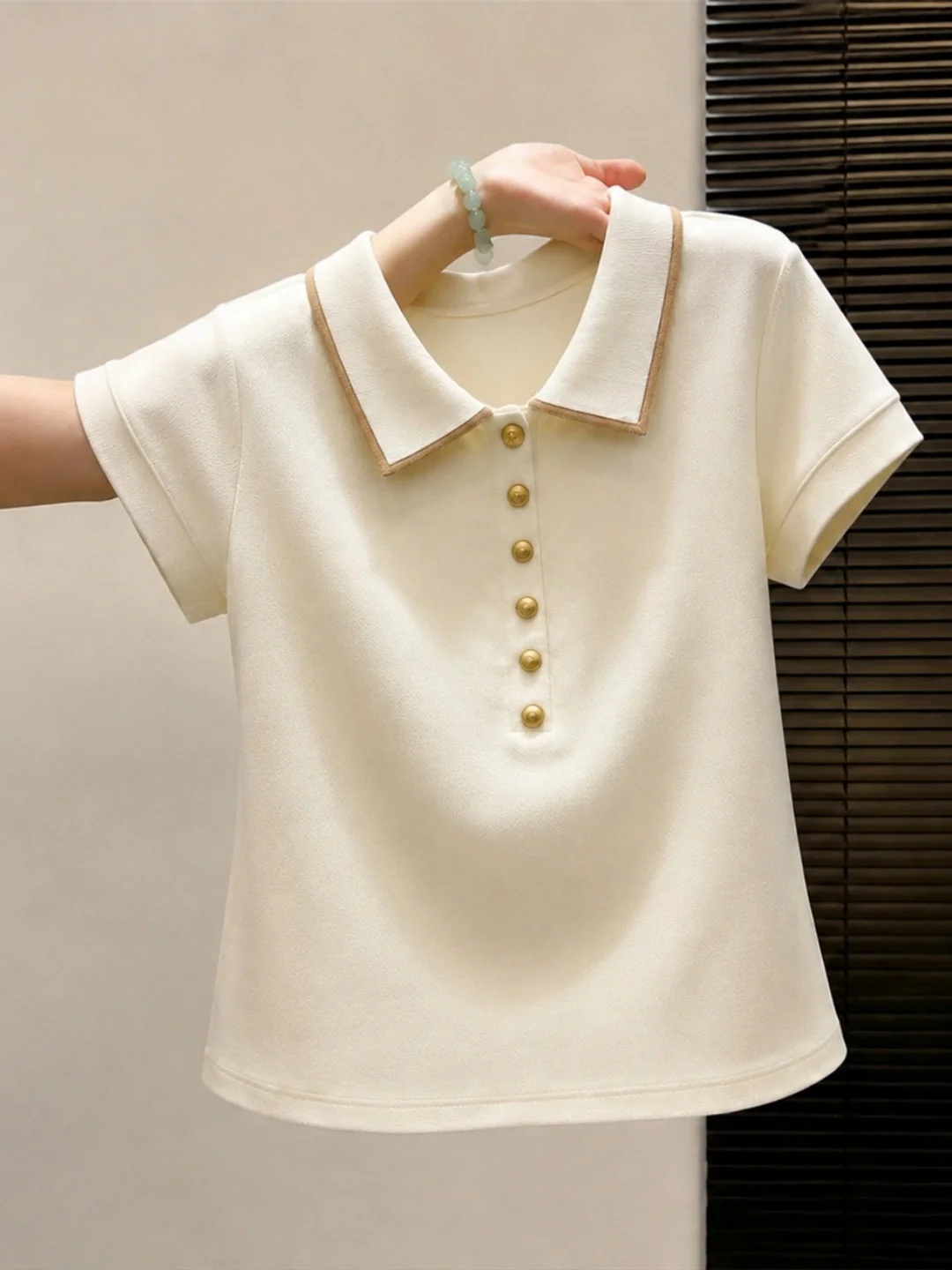 Fashionable Knitted  Neck Short Sleeve Color Block Summer Top for Women Korean Style Straight Cut Soft Material Commute Wear