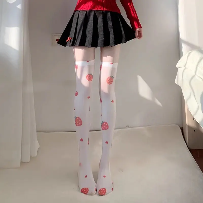 Collant estetici anime con stampa Lolita Harajuku Calze dolci Kawaii Calze carine da donna Calze bianche strette alte sopra il ginocchio