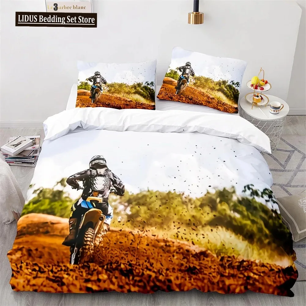 Dirt Bike Duvet Cover Set Motocross Rider Comforter Cover Motorcycle Extreme Sport Game Polyester Bedding Set For Kid Boys Teens