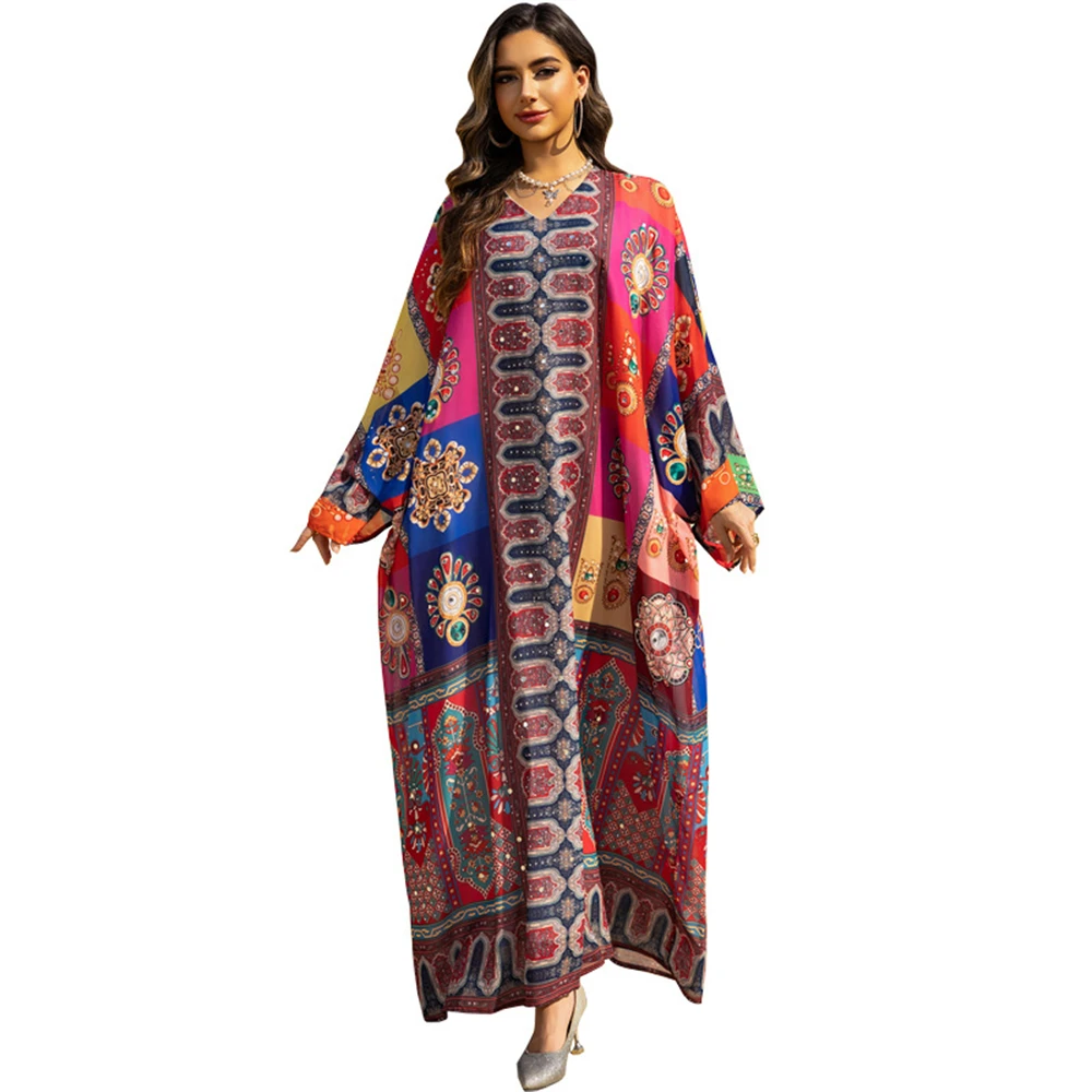 Eid Women Dress Print Diamond Bat Sleeve Caftan Muslim Party Robe Ramadan Morocco Dubai Kaftan