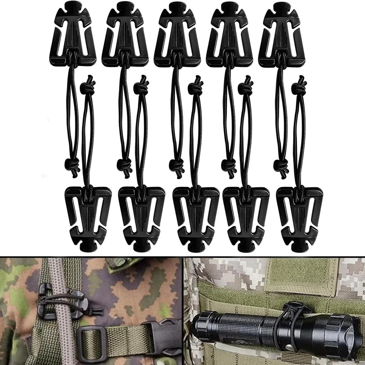 5pcs Molle Attachment Clips Molle Web Dominators Elastic Strap Tactical Gear for Outdoor Hydration Tube Backpack Management