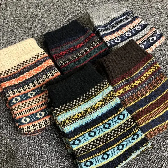 Retro Ethnic Style! 5 Pairs Pack! Rabbit Wool Blend! Men's Unisex  Autumn Winter Mid-Calf Socks Anti-Bacterial Striped