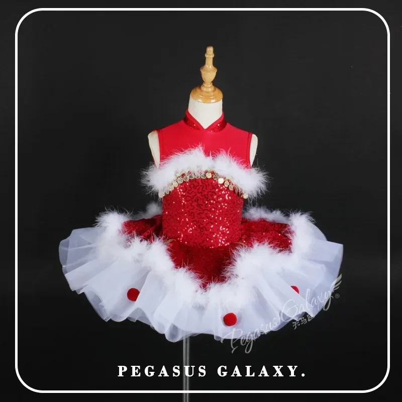 

Girls Christmas New Year Party Dress Ballet Tutu Dress Women Stage Shows Costume Red Sequin Feather Ballet Dance Dress For Child