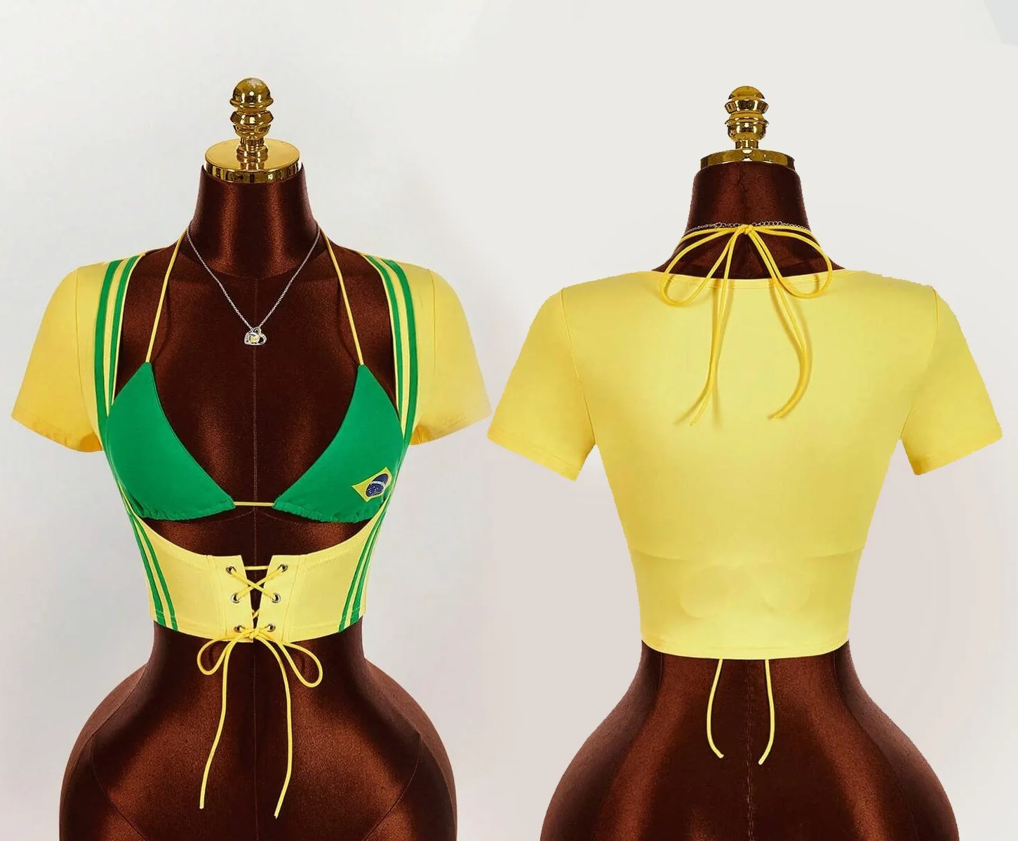 Damen Y2K Brasilien-Flagge 2-teiliges Outfit, gestreiftes Kurzarm-Oberteil, Neckholder-BH, Schnürkorsett, Weste, Streetwear, Festival-Matching-Set – Detail 2