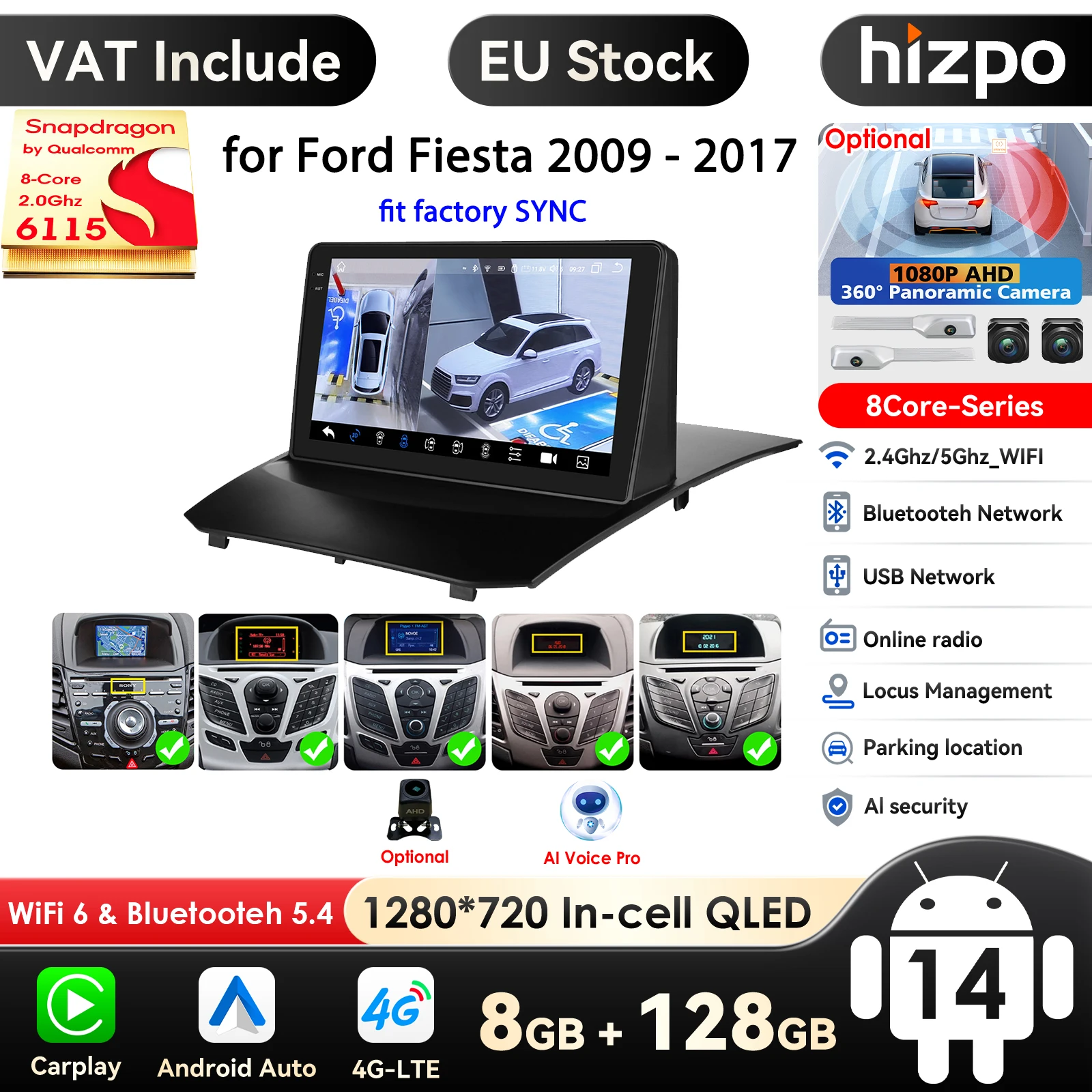 9 Zoll qled Bildschirm 2din Android Autoradio Multimedia-Video-Player für Ford Fiesta 2009-2017 GPS Navi Carplay Auto 4g lte rds ai