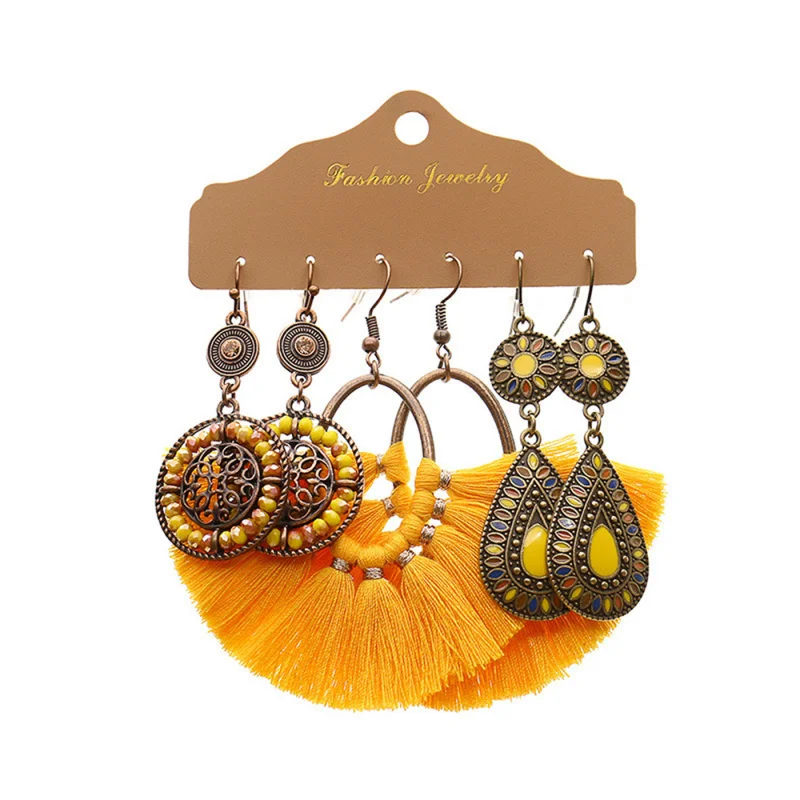 Bohemian Style Amazon Hot-Selling Tassel Flower Large Hoop Accessories Round Oil Drop Colorful Vintage Earrings Set