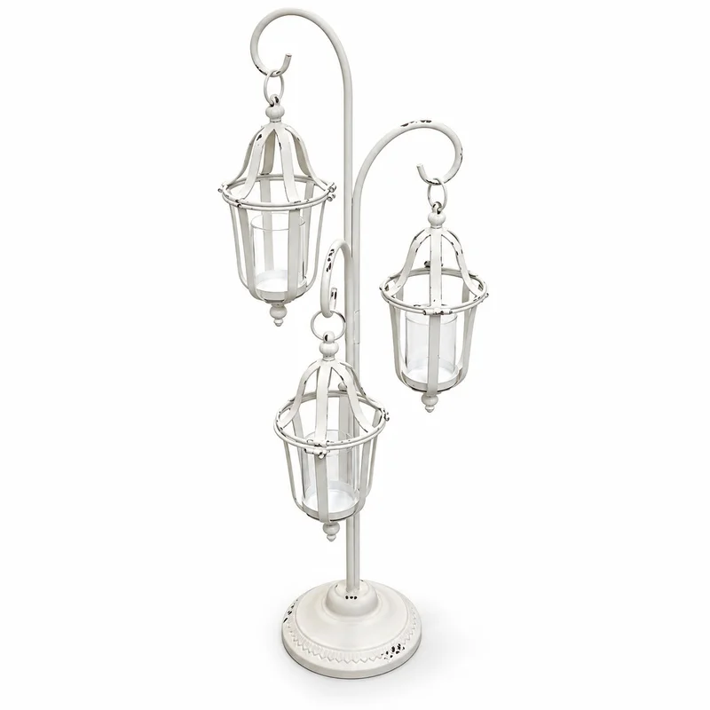 Vintage White 3 Lantern Candle Holder Stand, Distressed Iron with Glass Cups, French Country Floor Decor for Home Wedding, 88cm