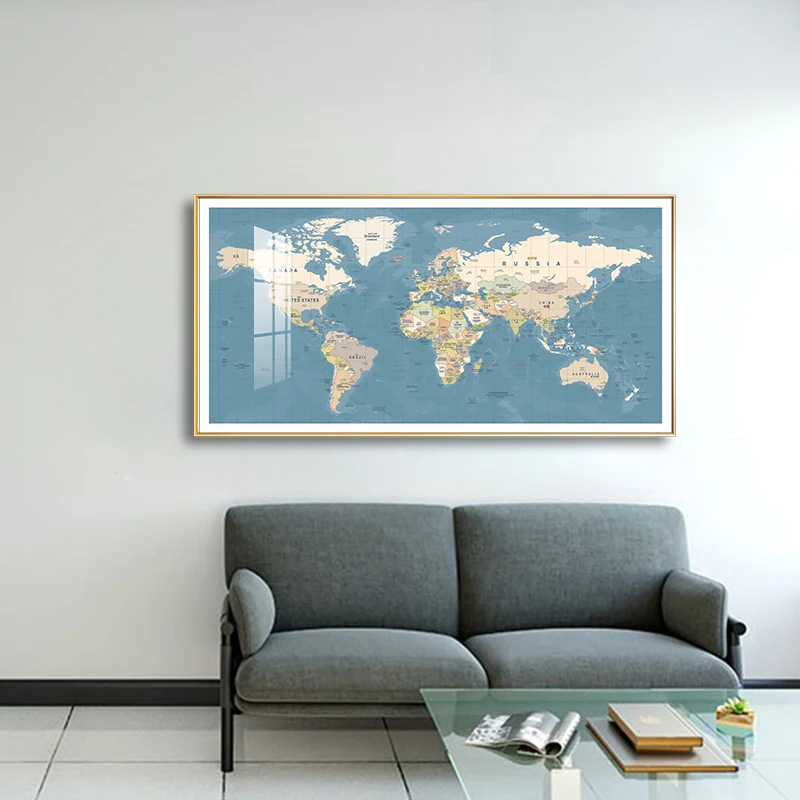 Chinese and English world map decorative painting living room sofa background wall office hanging painting study mural wall