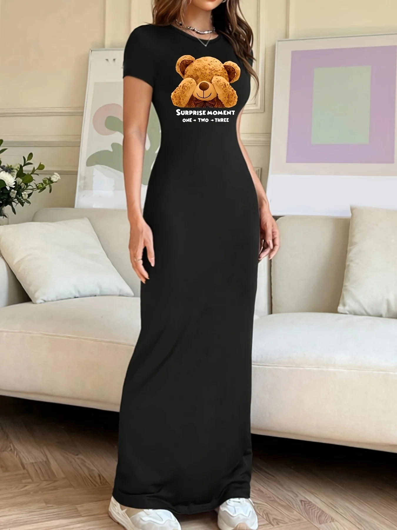 Robe longue d'été pour femmes, coupe cintrée, élastique, imprimé bière noire, col rond, manches courtes, T-shirt, vêtements pour femmes