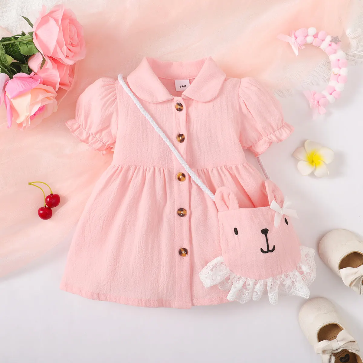 2PCS Baby Girl Pink Short Sleeve Dress with Cute Shoulder Bag Toddler Baby Princess Dress Summer Fashion Clothes for 3-24 Months