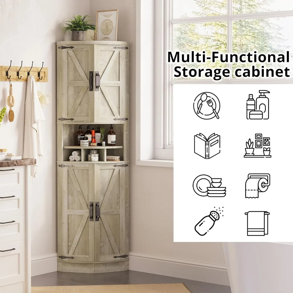 Tall Corner Cabinet with 3 Wine Racks, Farmhouse Storage Cabinet with 4 Doors and Adjustable Shelves, Barn Door Design, Corner