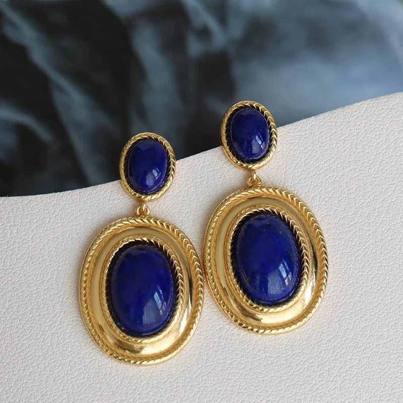 New design inlaid lapis lazuli oval hollow earrings exaggerated punk style retro ancient gold craftsmanship women's jewelry
