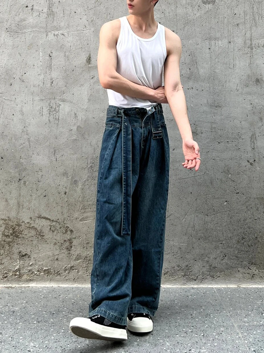 REDDACHIC 90s Retro Belted Baggy Jeans for Men Blue Wash Pleated Straight Wide Leg Casual Pants Korean Trousers Y2k Streetwear