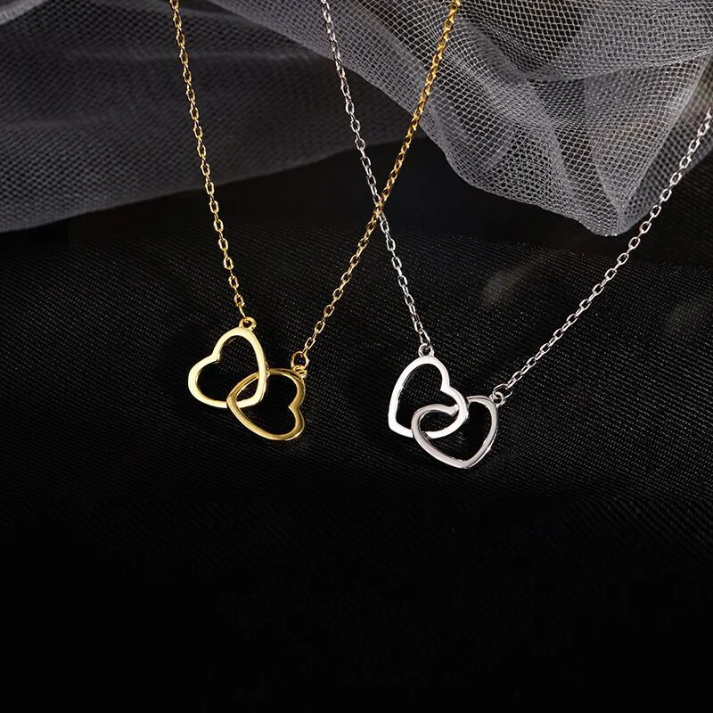 Simple Double Heart Pendant Necklace for Women Couple Stainless Steel Choker Gold Color Chain Wedding Party Friends Jewelry Gift