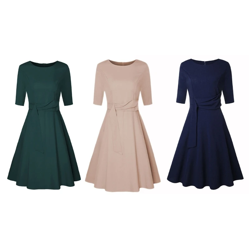 

Женское осеннее платье-миди с рукавами 3/4, струящиеся плиссированные платья, платье трапециевидной формы с завязкой на талии